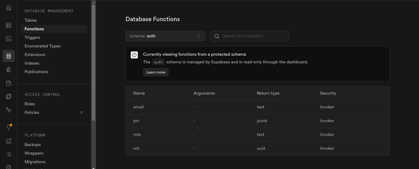 supabase functions view on the dashboard